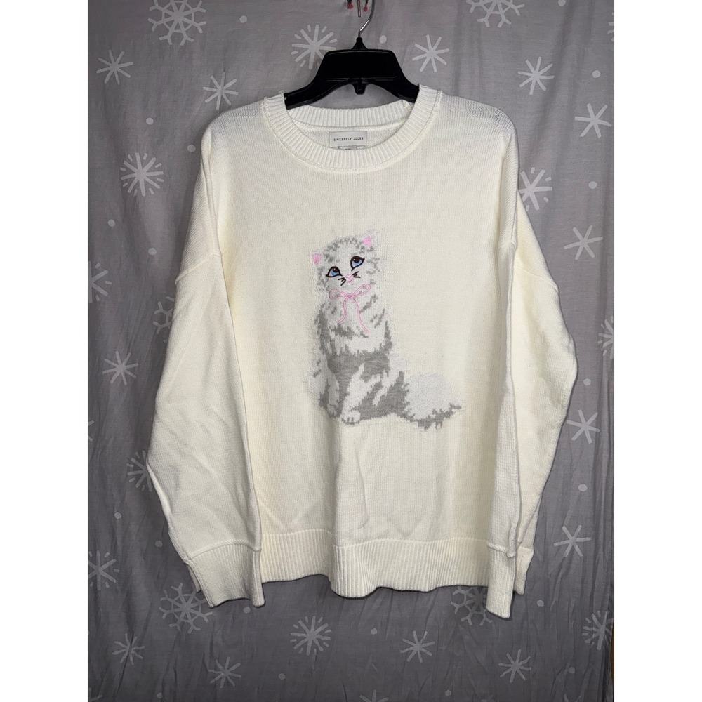 Sincerely Jules Womens Cream Cat Graphic Knit Sweater Pink Bow XL Relaxed Fit